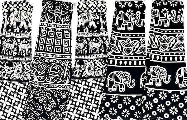 Lot of Five Ivory and Black Short Wrap-Around Sanganeri Skirts with Printed Elephants and Paisleys