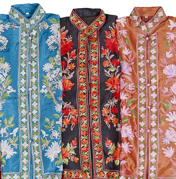 Lot of Three Kashmiri Jackets with Floral Embroidery