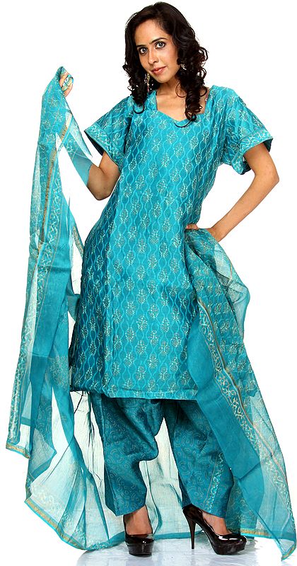Lake-Blue Block-Printed Chanderi Salwar Kameez Suit
