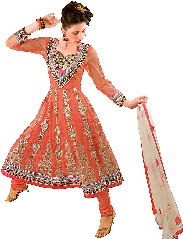 Lantana-Pink Anarkali Wedding Suit with Embroidery in Golden Thread