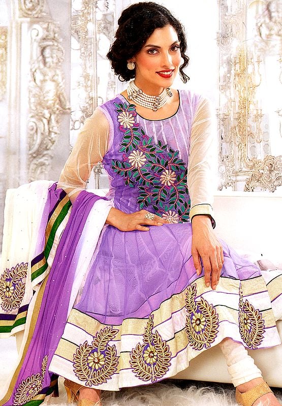 Lavender Flared Kameez and Choodidaar Suit with Aari Embroidery and Patchwork