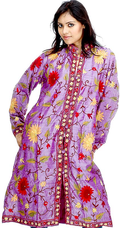 Lavender Long Silk Jacket with Large Flowers