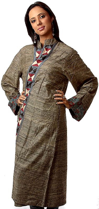 Lead Blue and Gray Reversible Long Jacket from Ranthambhore with Printed Flowers