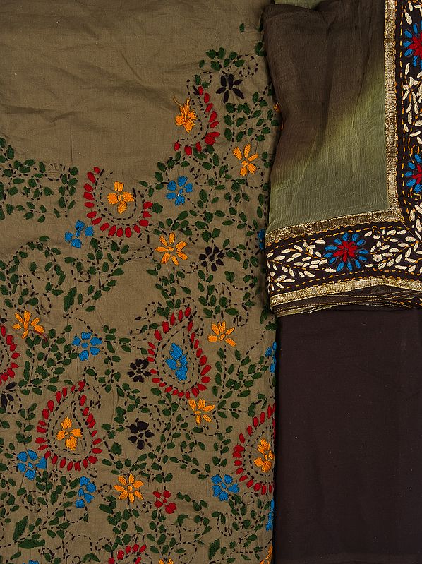 Lichen-Green Phulkari Salwar Kameez Fabric from Punjab with Aari Embroidery and Gota Border