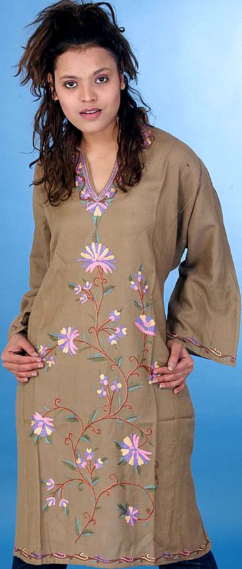 Light Brown Phiran from Kashmir with Embroidered Flowers