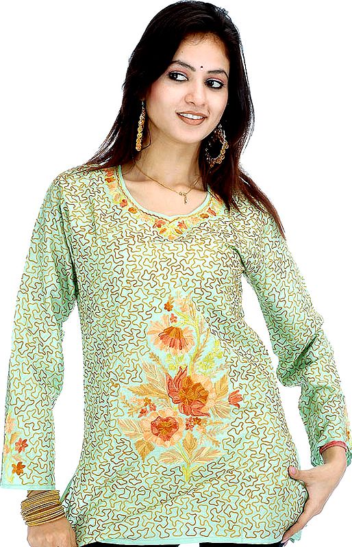 Light Green Kashmiri Top with All-Over Embroidery