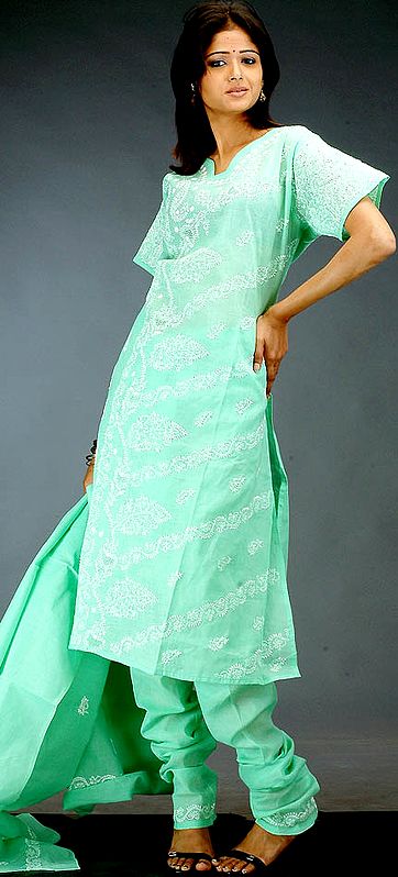 Light Green Salwar Kameez with All-Over Lukhnavi Chikan Embroidery