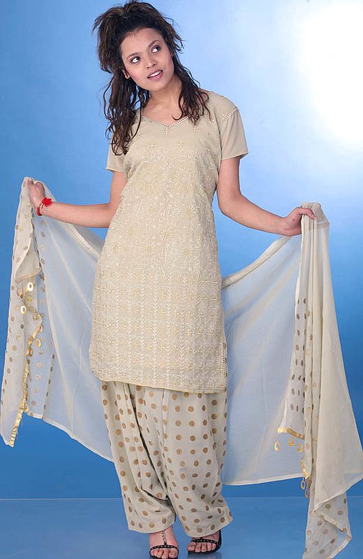 Light Khaki Salwar Suit with All-Over Embroidery