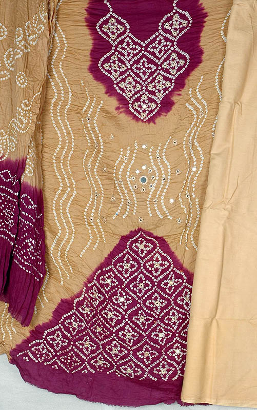 Light-Brown and Purple Bandhani Suit from Gujarat with Mirrors