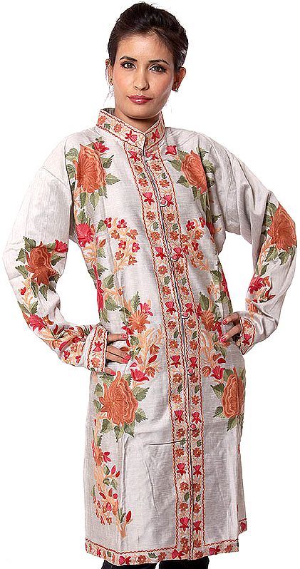 Light-Gray Long Jacket with Large Embroidered Flowers