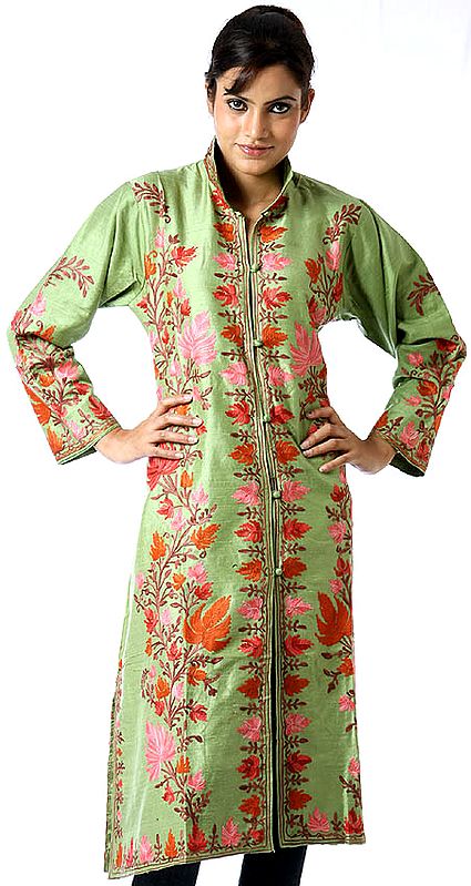 Light-Green Long Silk Jacket with Chinar Leaves