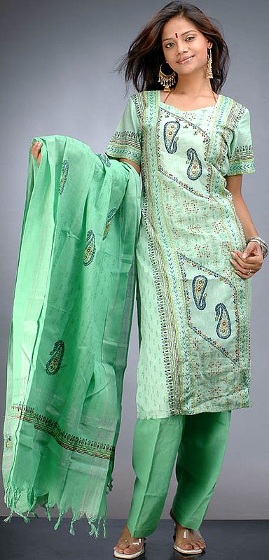 Light-Green Paisley Suit from Rajasthan with Threadwork