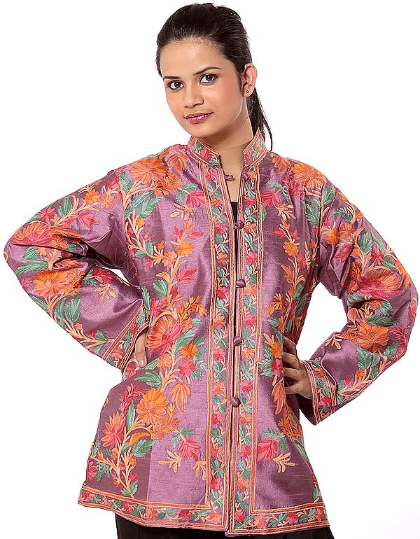 Lilac Jacket from Kashmir with Crewel Embroidered Flowers All-Over