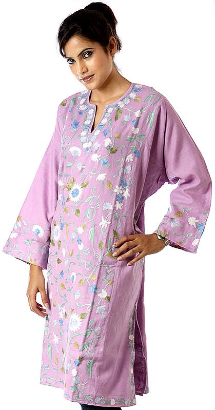 Lilac Kashmiri Phiran with Aari Embroidered Flowers All-Over