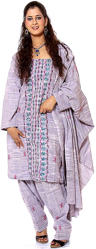 Lilac Khadi Suit with Crewel Embroidery