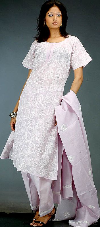 Lilac Paisley Salwar Suit with All-Over Lukhnavi Chikan Embroidery