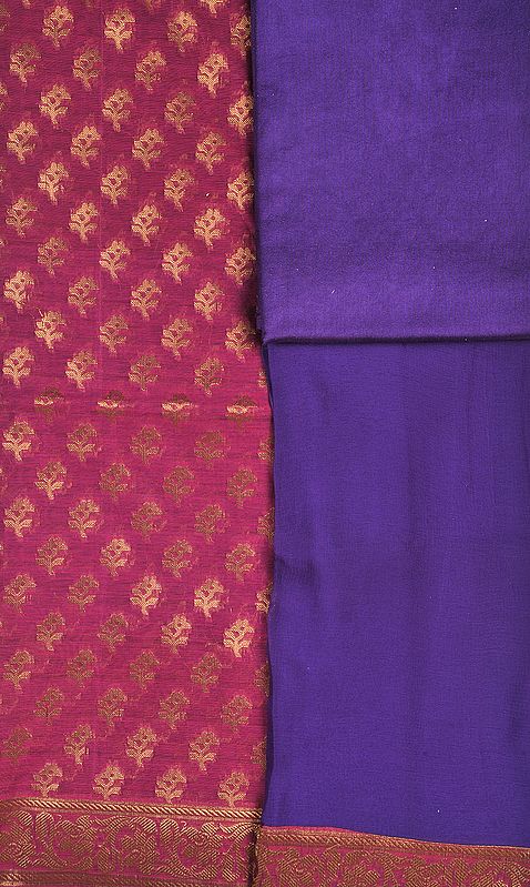 Lilac Rose Banarasi Salwar Kameez Fabric with Brocaded Flowers and Patch Border
