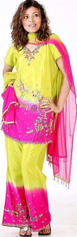Lime and Magenta Parallel Suit with Beadwork and Embroidery