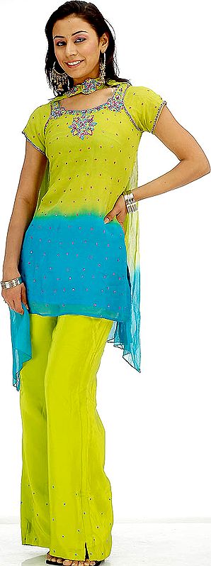 Lime and Turquoise Parallel Suit with Floral Embroidery