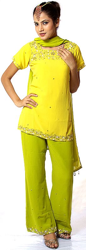 Lime and Yellow Parallel Suit with Floral Beads and Threadwork