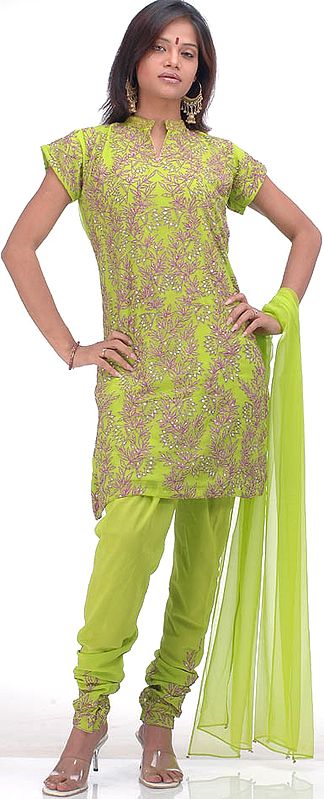 Lime Choodidaar Suit with All-Over Embroidery and Sequins