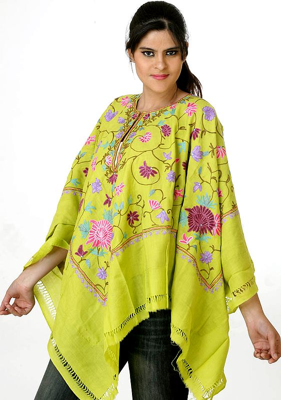 Lime Floral Poncho with Crewel Embroidery