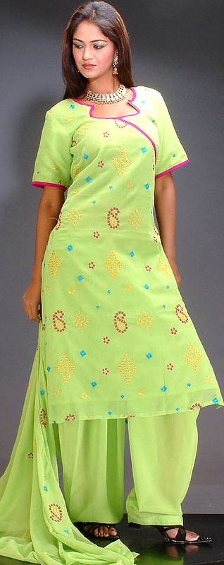 Lime Georgette Suit with Thread Work