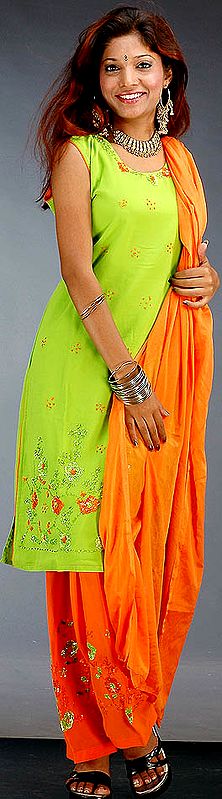 Lime Green and Orange Suit with Sequins
