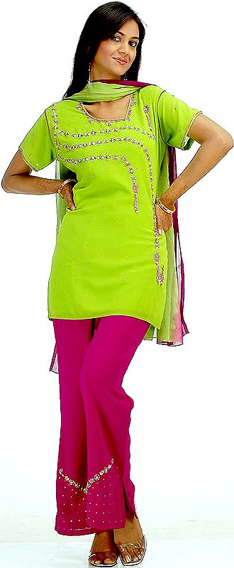 Lime Green and Purple Parallel Suit with Beads and Sequins