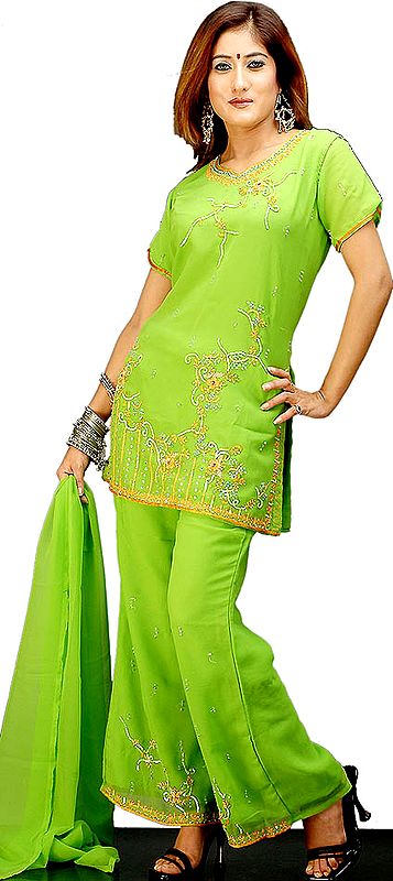 Lime Green Bell Bottom Suit with Sequins and Embroidery