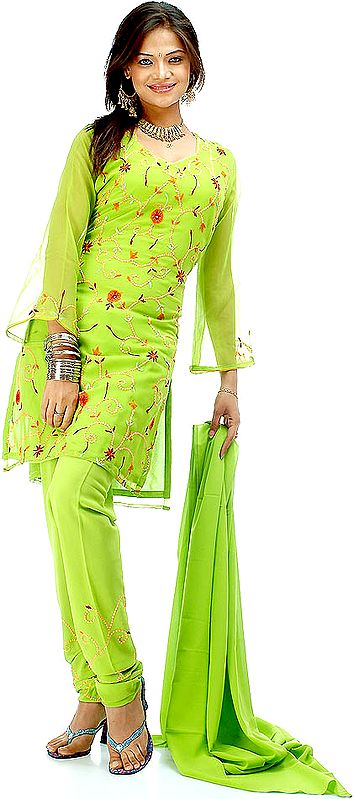 Lime Green Choodidaar Suit with Sequins and Embroidery