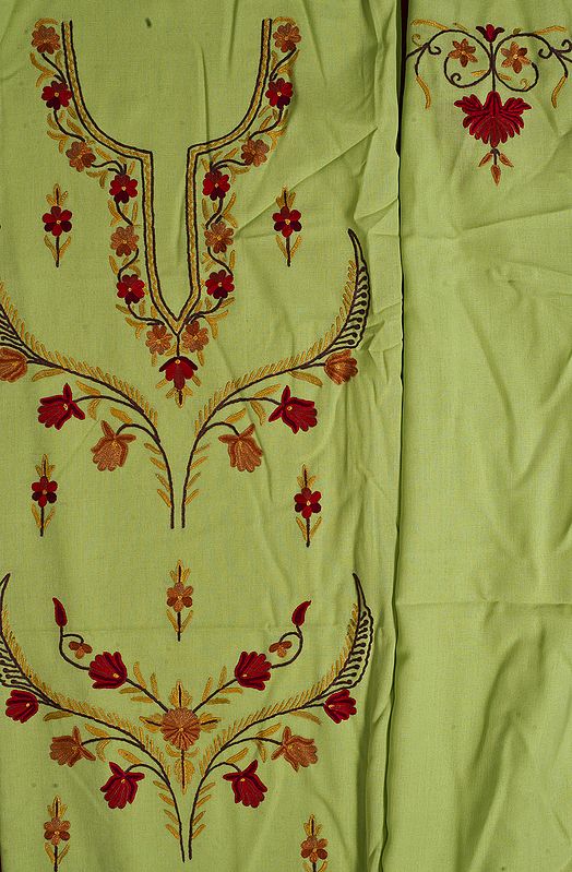 Lime Green Kashmiri Salwar Kameez Fabric with Floral Aari Embroidery by Hand
