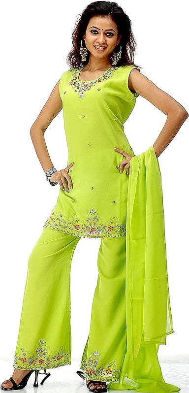Lime Green Parallel Suit with Crystals and Beads