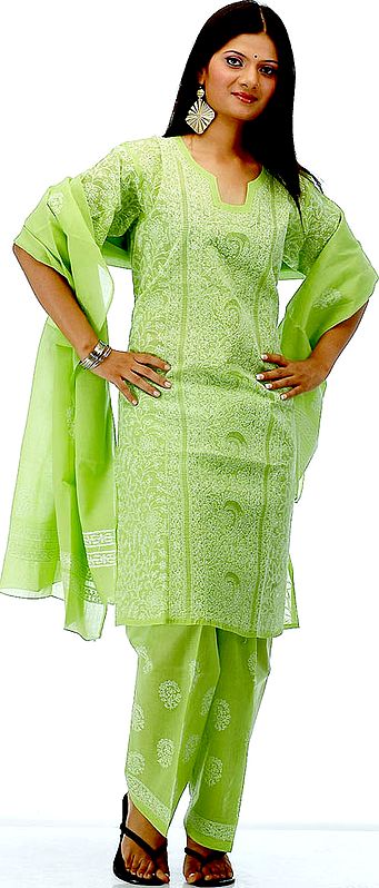 Lime Green Salwar Kameez with All-Over Lukhnavi Chikan Embroidery