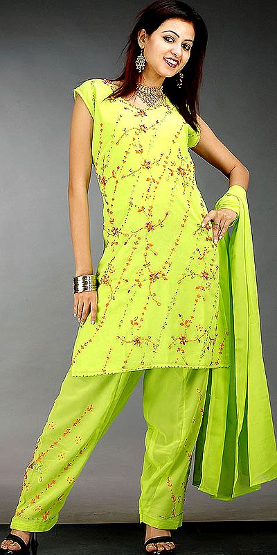 Lime Green Salwar Kameez with Beads and Embroidery
