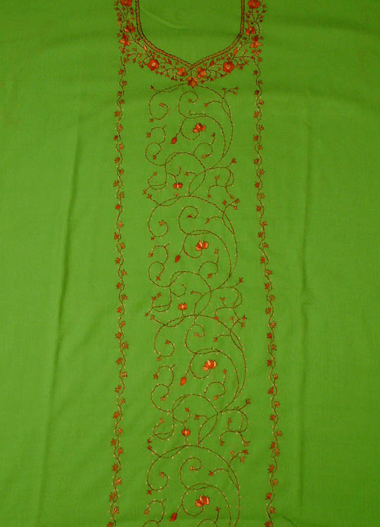 Lime Green Two-Piece Suit with Kashmiri Hand-Embroidery