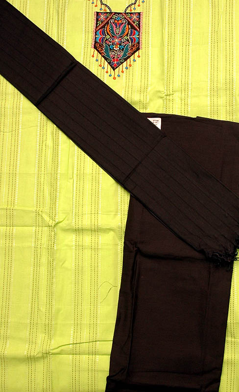 Lime-Green and Black South-Cotton Suit with Embroidery on Neck
