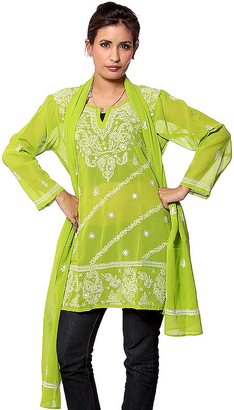 Lime-Green Chikan Embroidered Kurti Top with Stole