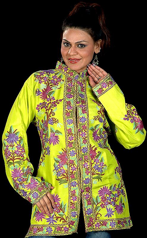 Lime-Green Crewel Jacket with Floral Embroidery All-Over