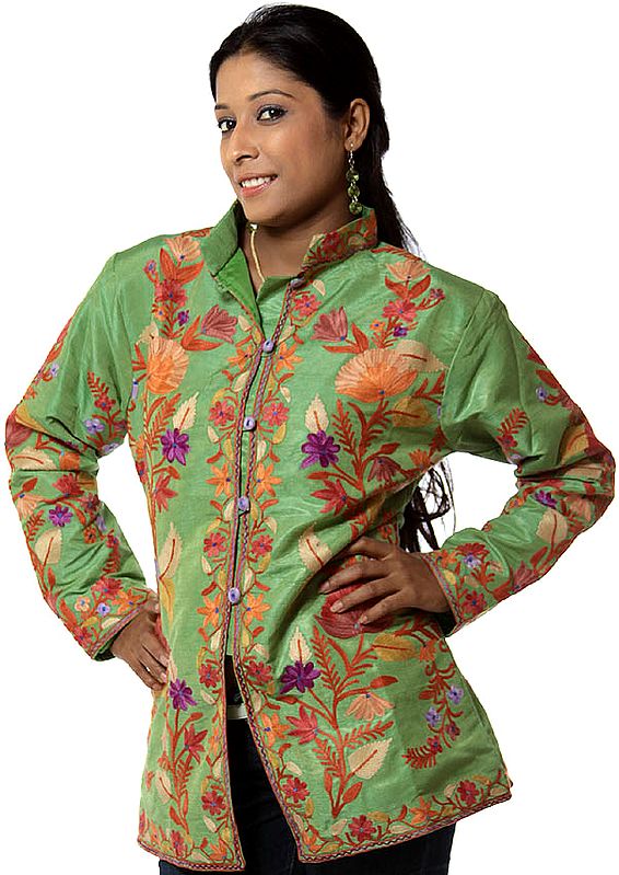 Lime-Green High-Neck Jacket with Multi-Color Floral Embroidery