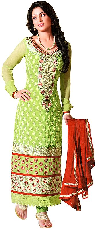 Lime-Green Long Choodidaar Kameez Suit with All-Over Embroidered Booties in Self Colored Thread