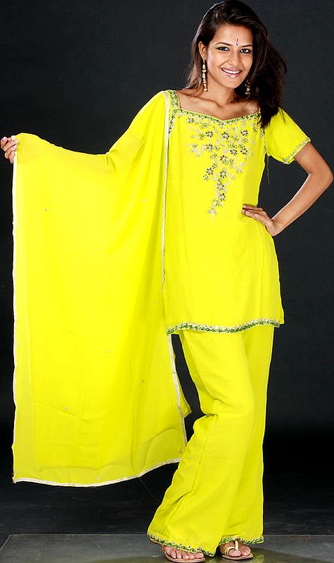 Lime-Green Parallel Salwar Suit with Beads and Crystals