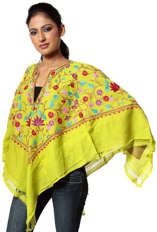 Lime-Green Poncho with Aari-Embroidery of Flowers All-Over