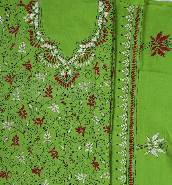 Lime-Green Salwar Kameez Fabric with Kantha Stiched Embroidery All-Over