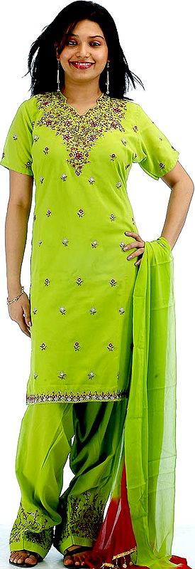Lime-Green Salwar Kameez with Beads and Embroidery