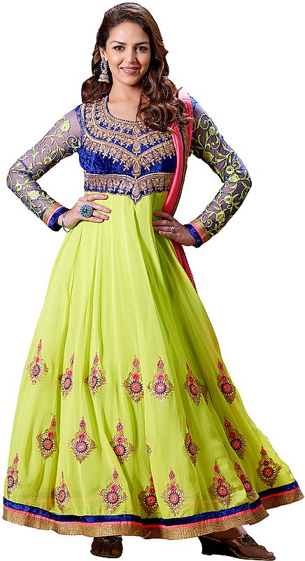 Lime-Punch and Blue Anarkali Long Kameez Suit with All-Over Embroidered Bootis