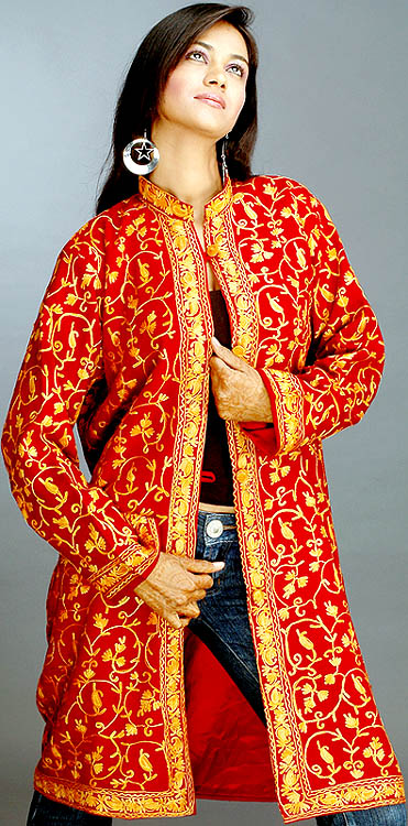 Long Kashmiri Jacket with All-Over Embroidery
