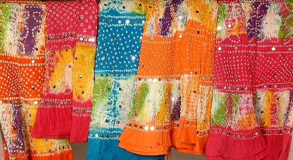 Lot of Five Batik Shaded Bandhani Skirts with Large Sequins