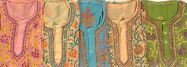Lot of Five Kurti Tops with Chikan Embroidery and Sequins