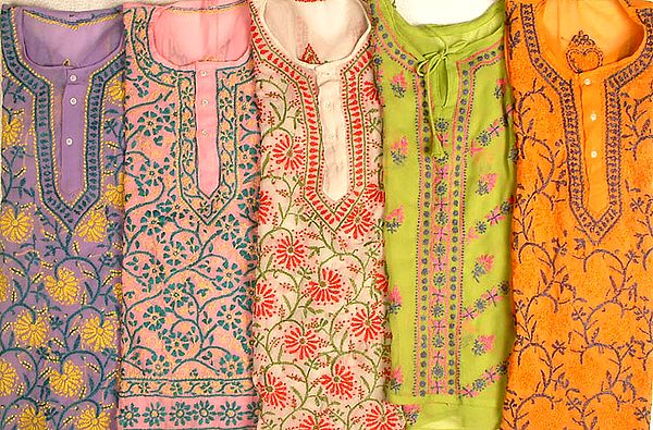 Lot of Five Kurti Tops with Chikan Embroidery